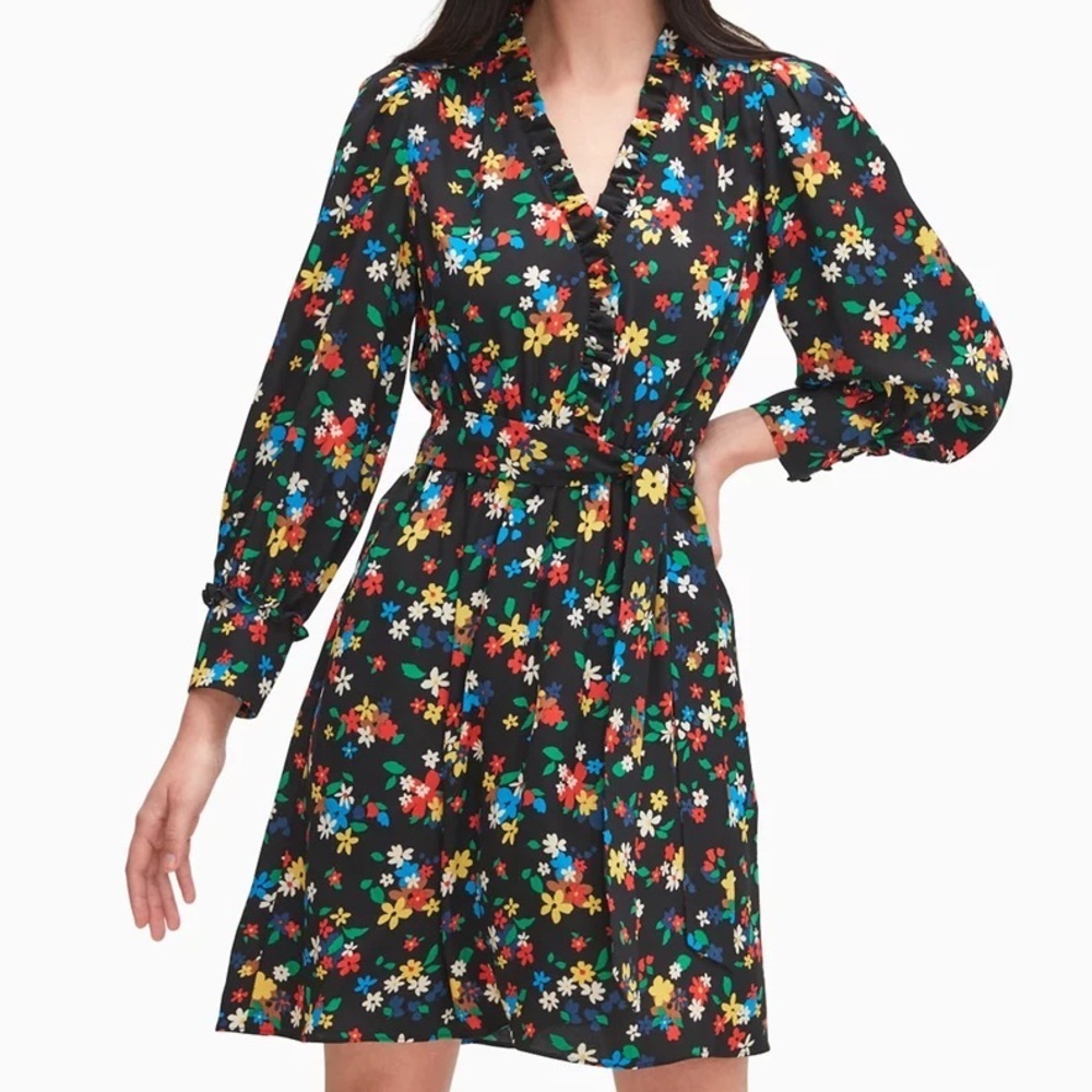 Kate Spade sailing floral Black mini Dress with Tie Waist size 14